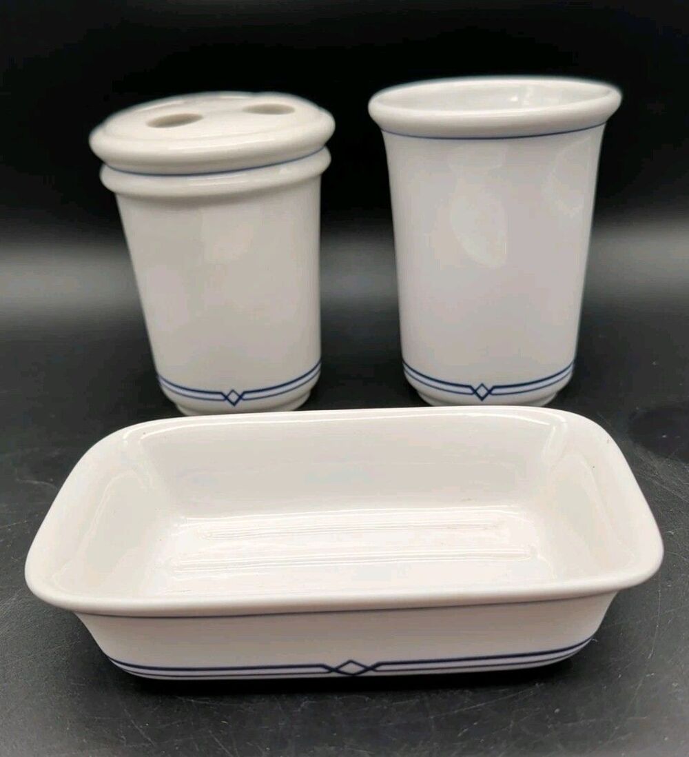 Martha Stewart Living Bathroom Set Greek Key Soap Dish Toothbrush Holder Cup